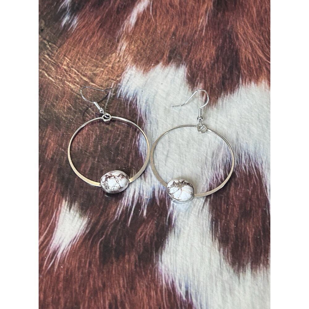 Sterling Silver Big Hoop & Wild Horse Jasper Dangle Earrings Artisan Made New